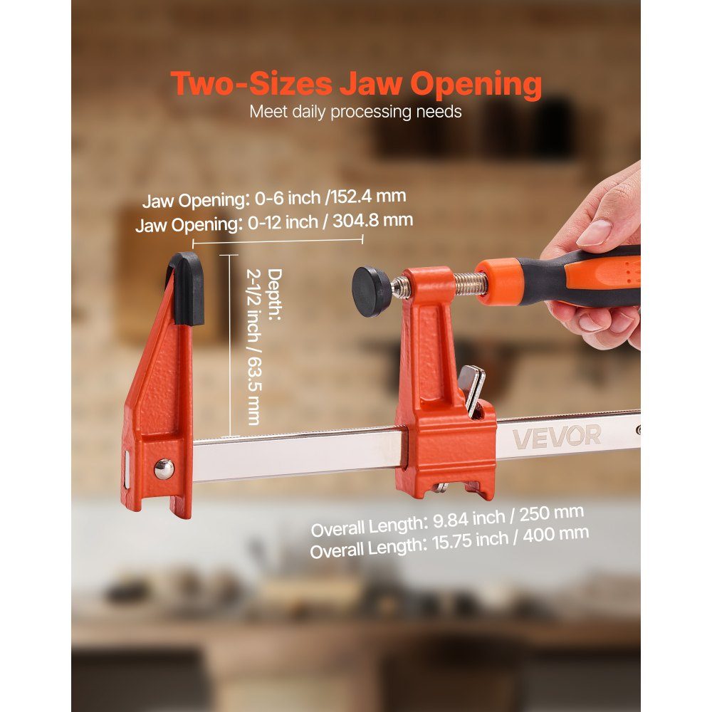 Woodworking Bar Clamps, 4 Pack (6"/12") Opening Locking F Clamp with 500 Pound Load Limit, 2.5" Depth, Cast Iron and Carbon Steel, Metalworking