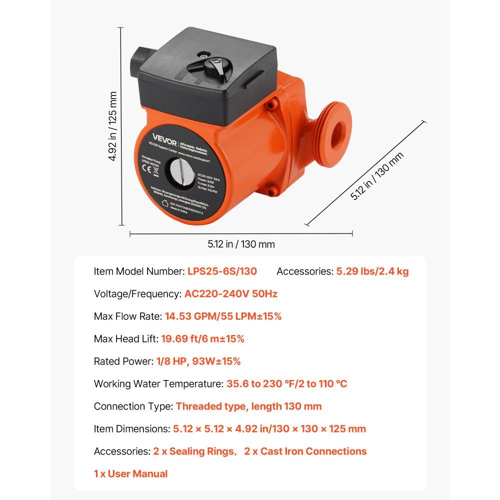 LPS25-6S/130 Cast Iron Circulation Pump 1/8HP 55L/min Hot Water Circulation Pump Threaded Connection 3 Speed ​​Setting Quiet Operation for Home Heating Systems