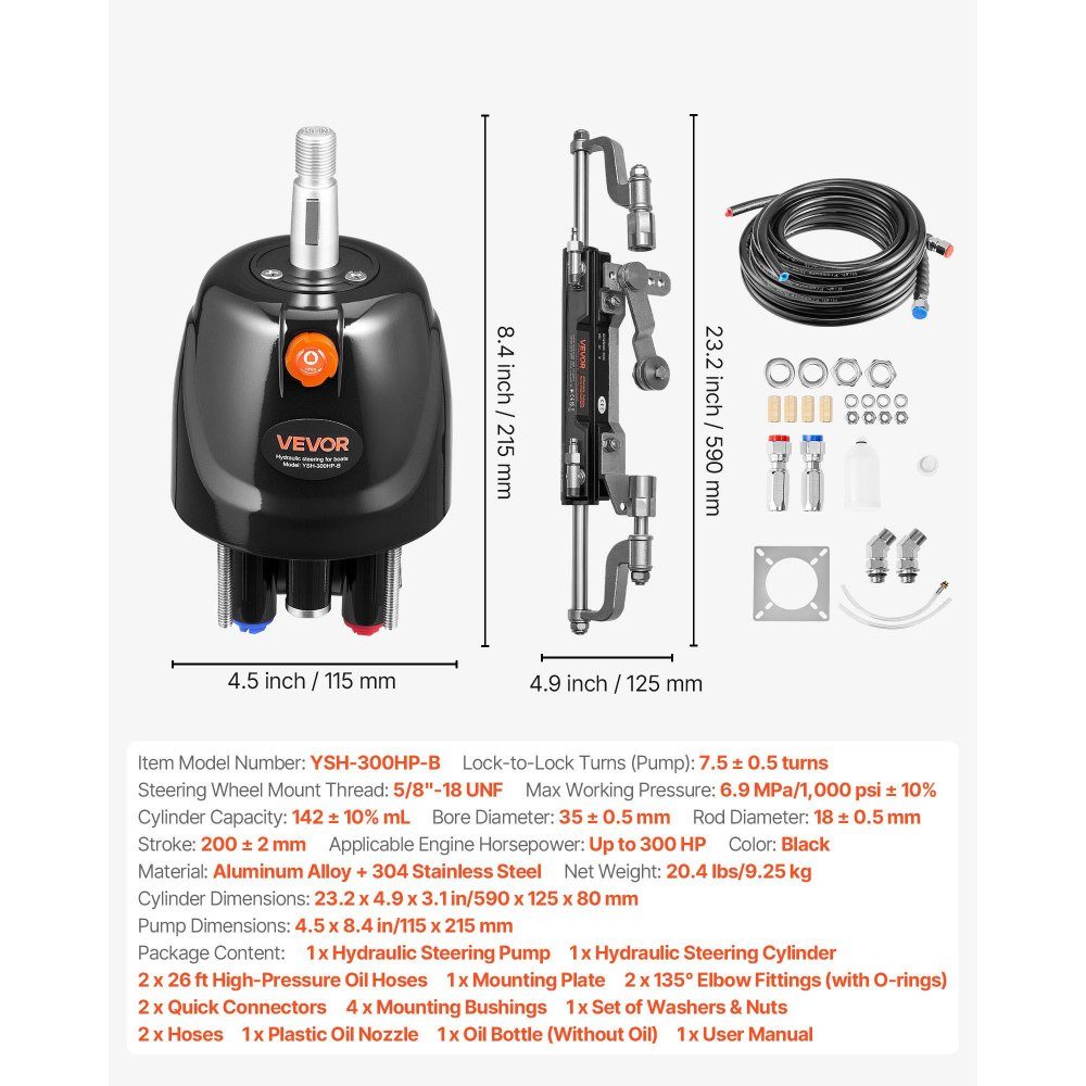 Outboard Hydraulic Steering Kit 220kW (300HP) Hydraulic Boat Steering System with 6.9MPa Steering Pump, Two Way Lock Cylinder and 7.9m Hoses, for Single Helm, Single Engine
