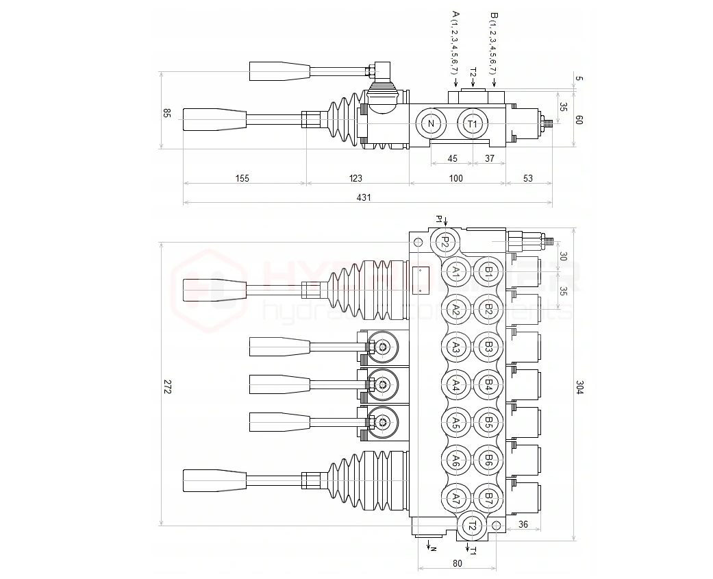 DISTRIBUTEUR HYDRAULIQUE 7 PIÈCES 40L + 2 JOYSTICKS