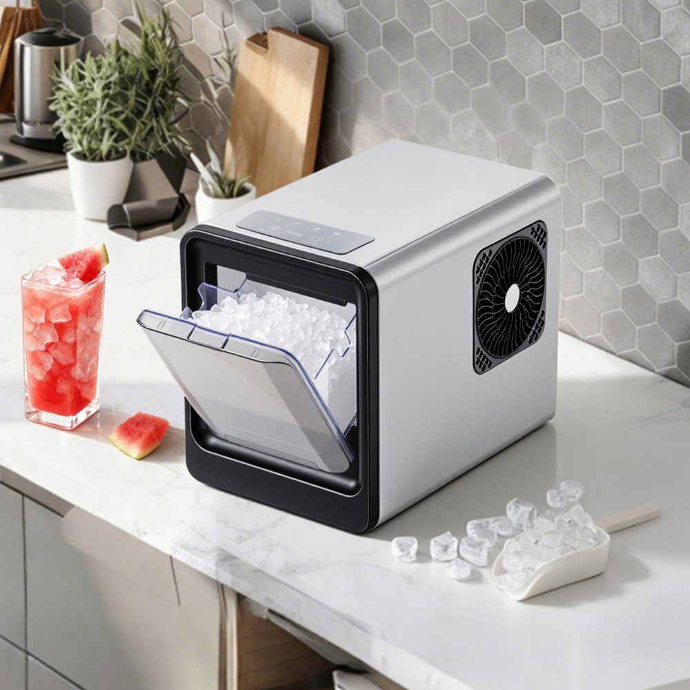 Machine à glaçons de table, 15 kg par jour, machine à glaçons portable autonettoyante avec cuillère et bac à glaçons, machine à glaçons pour mâcher de la glace pour les fêtes dans la cuisine à la maison, au bureau, au bar