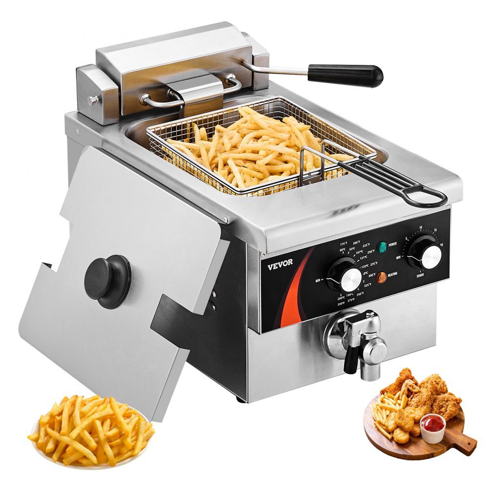 Commercial Deep Fryer, 3000W Electric Countertop Fryer with Basket, 5.9L Single Oil Fryer, Thickened Stainless Steel, Time and Temperature Control, for Kitchen, Restaurant, Cafe, Restaurant, Silver