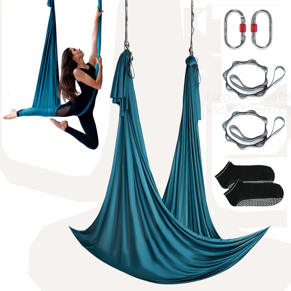 Aerial Yoga Hängematten-Set 5 x 2,8 m, grün, Aerial Yoga Swing Air Flying, Yoga Swing Hängemattenschaukel 1000 kg max. Belastbarkeit, inklusive Yoga-Socken und Stahlkarabiner, Anti-Schwerkraft-Übungen