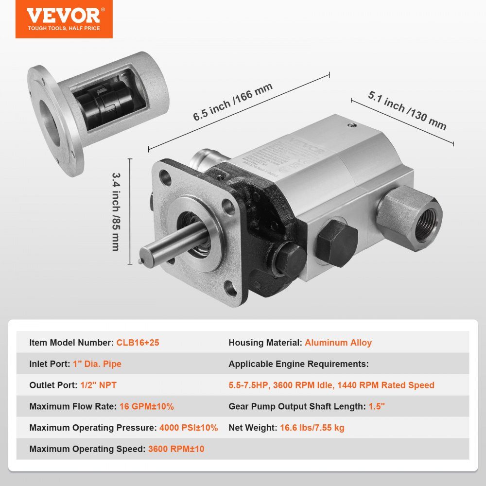 Kit de pompe hydraulique pour fendeuse de bûches, 60,6 L/min, 2 étages, 276 bars, pompe hydraulique à engrenages en aluminium avec valve, entrée 1", sortie 1/2" NPT, 3600 tr/min pour fendeuses de bûches montées sur petit moteur