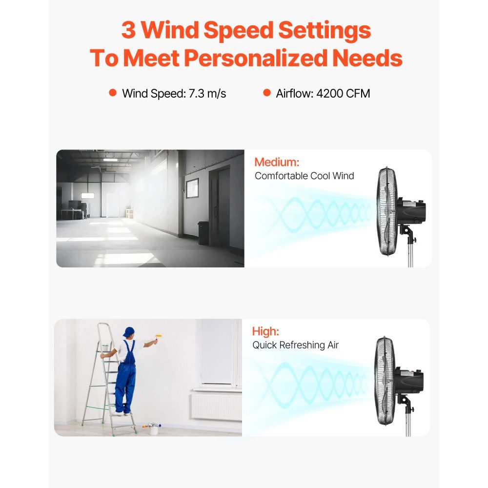 Industrial Pedestal Fan 570mm 90 Degree Oscillation Fan Height Adjustable Fans with 3 Adjustable Speeds Wind Machine for Workshop Warehouse Black