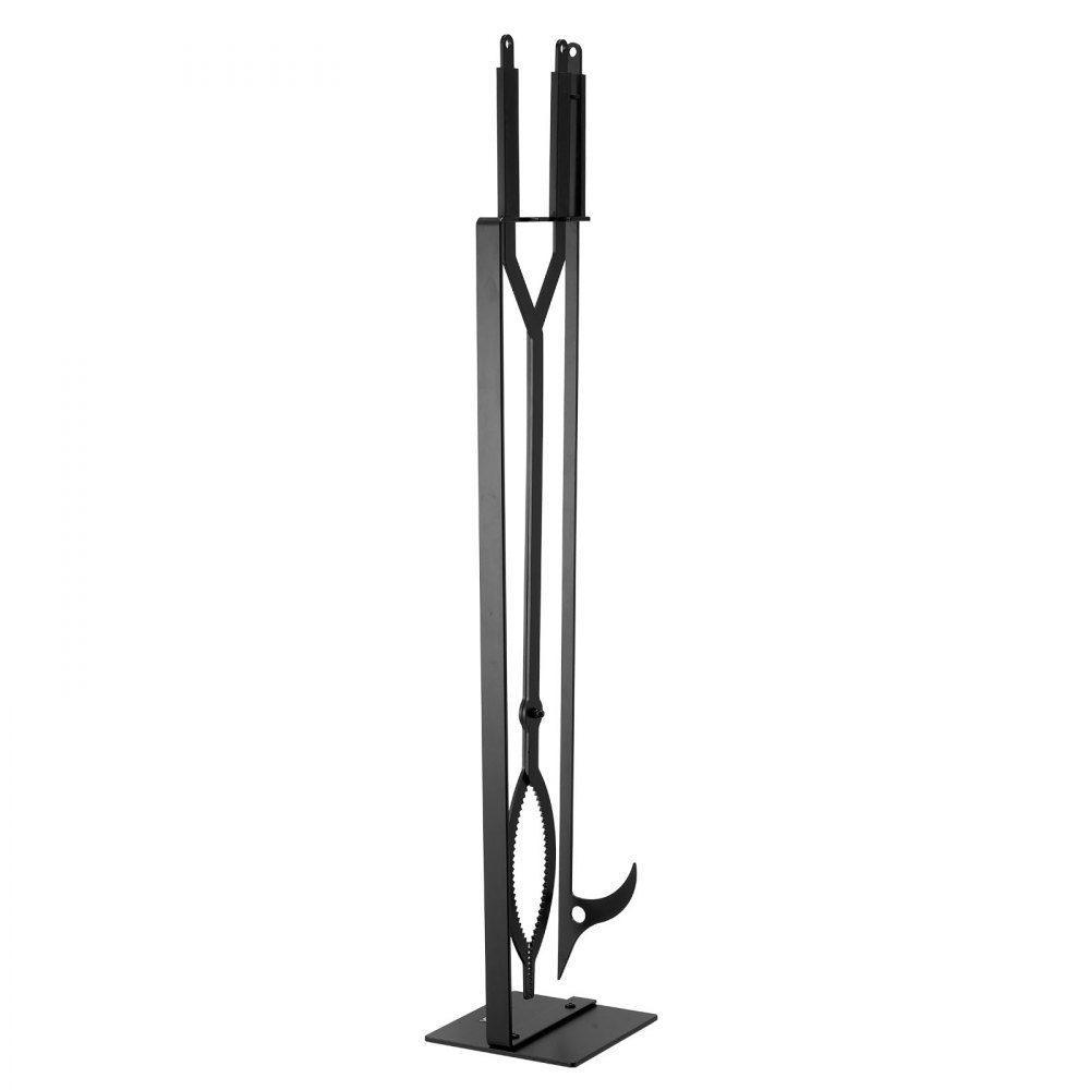 Kaminbesteck-Set, 3-teiliges Ofenbesteck-Set inklusive Ständer, Zange, Schürhaken, Kamin-Set, schmiedeeisernes Kaminzubehör für Lagerfeuer im Garten, drinnen und draußen, Schwarz
