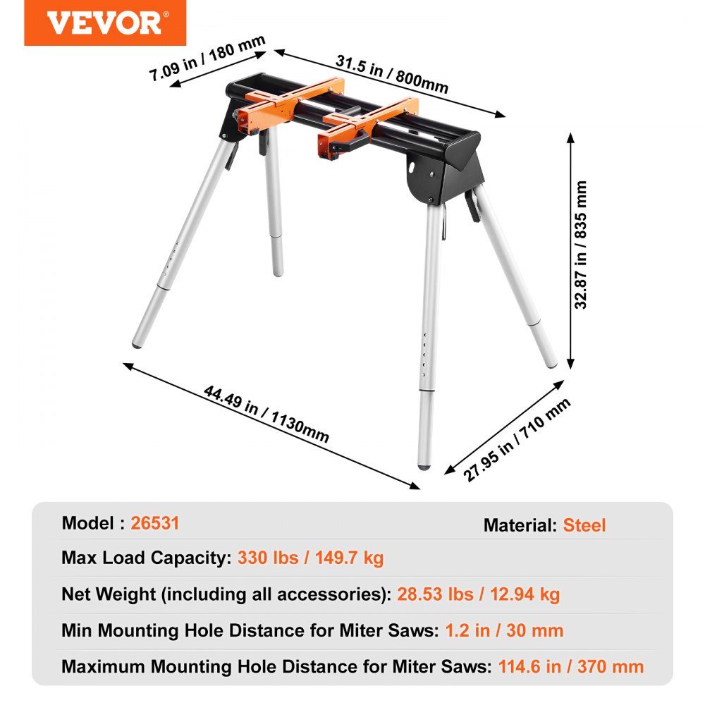 Miter Saw Stand, 150kg Load Capacity, Steel Miter Saw Stand with One-Piece Mounting Brackets, 29-33 Inch, Height Adjustable, Folding Miter Saw Stand