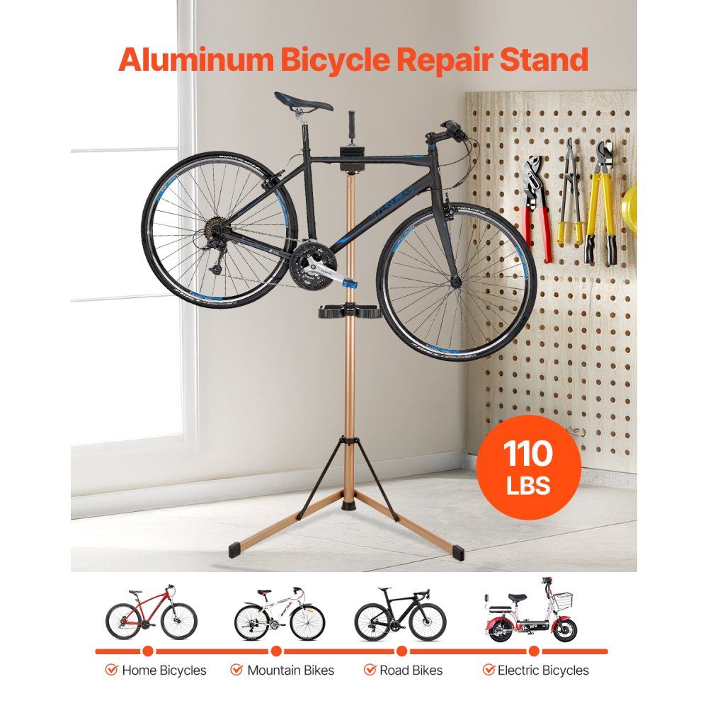 Support de réparation de vélo, support de réparation de vélo (capacité de charge de 49,9 kg) avec hauteur réglable de 1025 à 1510 mm et grand plateau à outils, support d'entretien pliable pour vélos de montagne, vélos de route