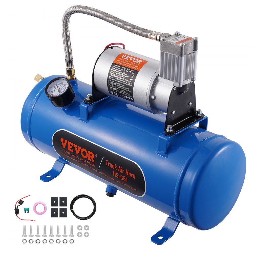 Compresseur d'air 12 V avec réservoir 6 L, kit de compresseur d'air pour klaxon de train, pression de fonctionnement 90-120 psi, système de compresseur d'air intégré pour klaxons d'air de train, gonflage de pneus, camions, SUV, etc. Bleu