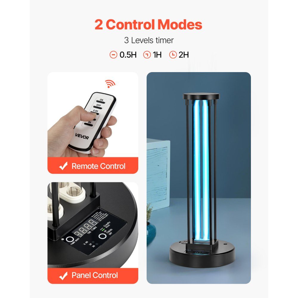 UV-licht 1 stuk 36W UV-lamp met ozonreiniger UVO-lamp met 30/60/120 minuten 3 snelheden timer en afstandsbediening voor woonkamer slaapkamer hotelschool zwart