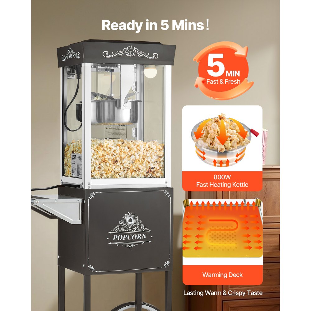 Popcorn Machine Popcorn Machine with Kettle & Trolley, 800W Commercial Popcorn Maker, 48 Cups per Load, with 2 Button Control, Glass Wall, PC Door, 1 Scoop, 3 Spoons, Black Popcorn Machine Popcorn Machine with Kettle & Trolley, 800W Commercial Popcorn Maker, 48 Cups per Load, with 2 Button Control, Glass Wall, PC Door, 1 Scoop, 3 Spoons, Black