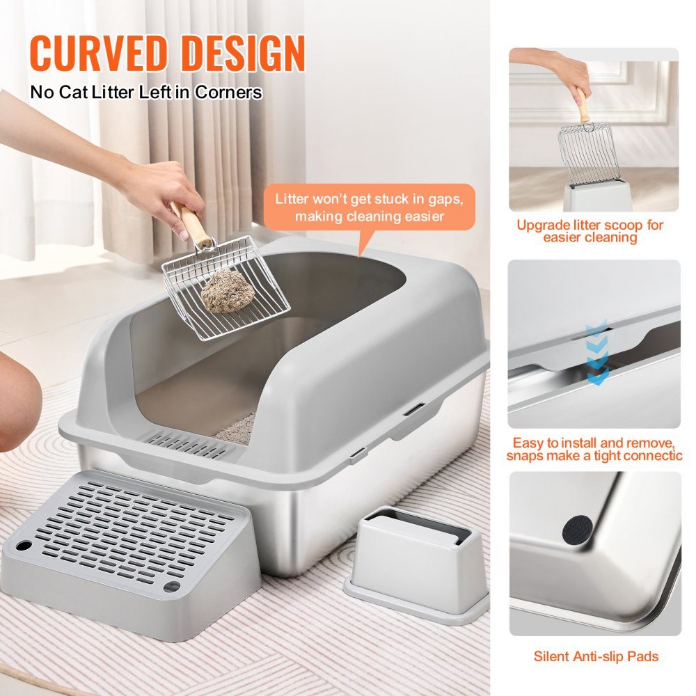 Litter Box 6" Deep XL Extra Large Stainless Steel Litter Box with Scoop Wide Filter Base and High Sides Closed Odor Free Easy Clean Litter Box Suitable for Large Cats
