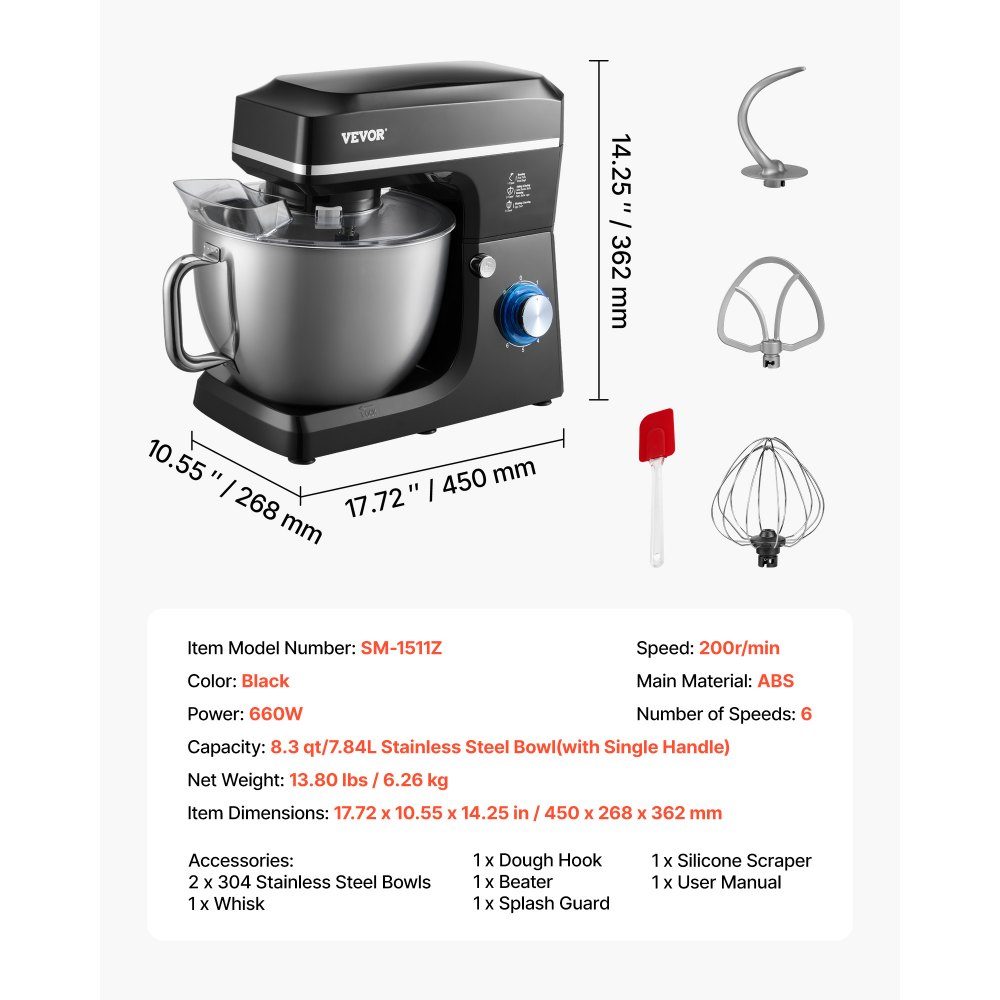 Food Processor Dough Mixer 1400W 7.84L Food Processor with Tilting Head Stainless Steel Bowl Dough Hook Whisk Scraper, Household Food Processor for Baking and Mixing, Black