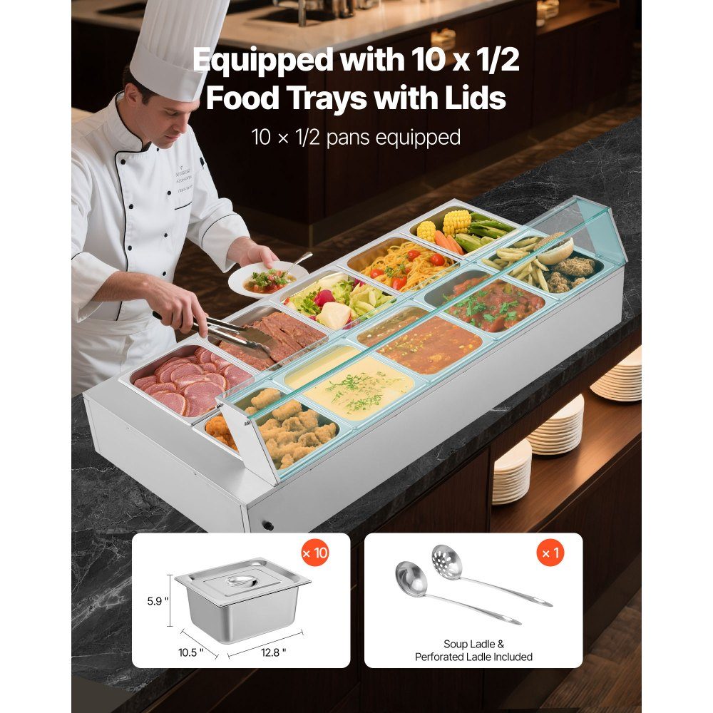 Commercial Food Warmer (10 x Size 1/2 Containers), 1.7KW Stainless Steel Electric Warming Container with Glass Cover and Soup Ladle, Chafing Dishes for Catering Restaurant Parties