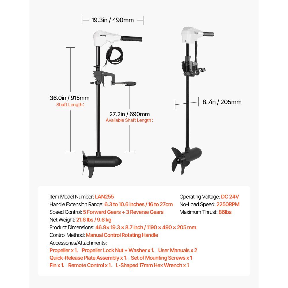 Elektrischer Außenbordmotor, Heckmontage-Bootsmotor, 24 V, 39 kg Schub, 8-Gang-Elektro-Trolling-Motor mit Batterieanzeige, für Kajaks, Süß-/Salzwasser-Fischerboote, 915 mm Welle