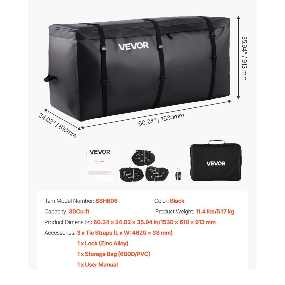 Gepäckträgertasche für Anhängerkupplung aus wasserdichtem 840D PVC (0,85 m³), ​​Gepäcktasche zur Aufbewahrung auf der Ladefläche von LKWs mit verstärkten Gurten für PKW, SUV, Transporter, schwarz