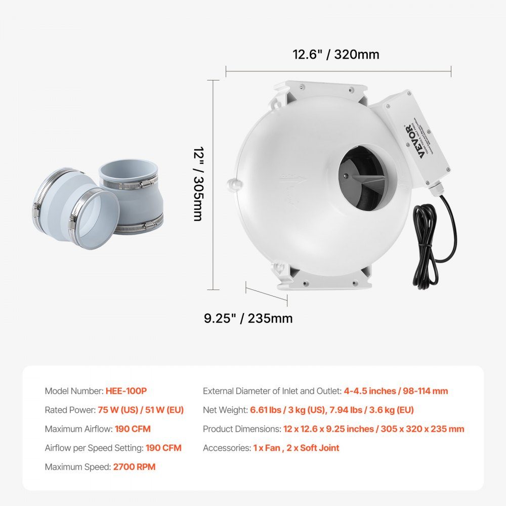 98-114mm Radon Reduction Fan System, 190 CFM Radon Reduction Kit with 2 Couplings, Radon Fan, Inline Duct Fan, Exhaust Fan for Indoor and Outdoor Ventilation