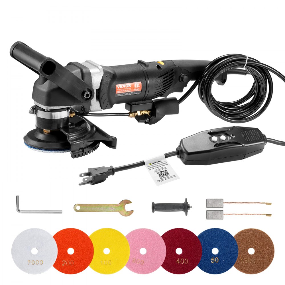 Natte polijstmachine 800W, 4" betonslijpmachine met 6 variabele snelheden en 7 polijstsets, natte slijpmachine voor marmer, graniet, steen, rotsen, tegels, uitgerust met een RCD (700-3000 RPM)
