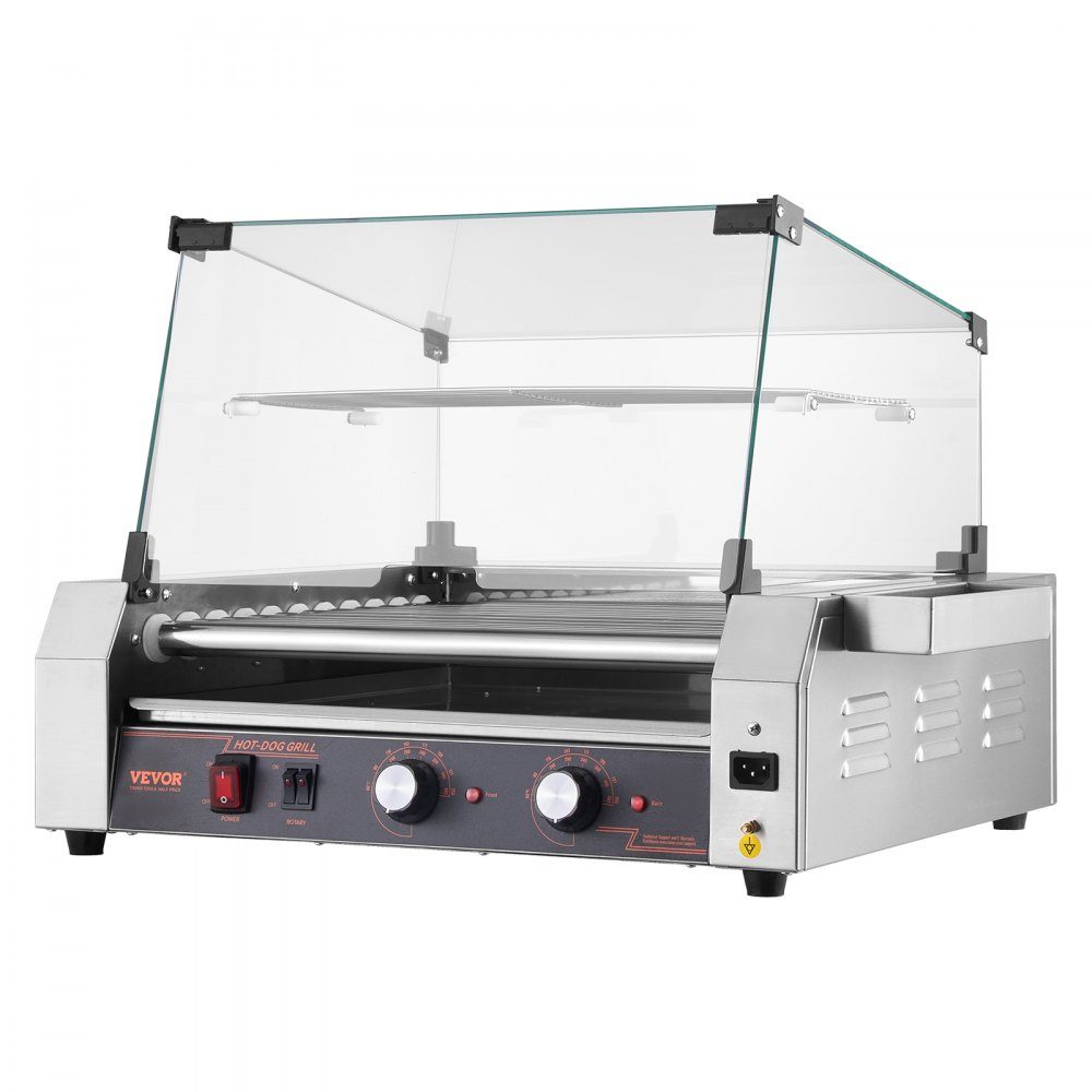 Hot Dog Grill Machine Hot Dogs 11 Rolls Stainless Steel 2200W Electric Grill with Cover & 2 Temperature Controls & Side Storage Box & Removable Shelf & Oil Drip Tray