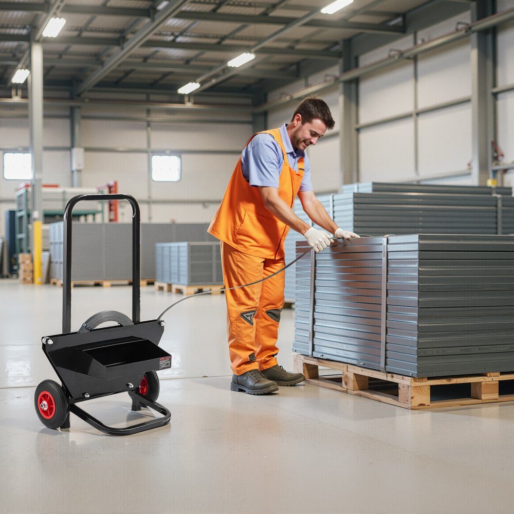 Distributeur, adapté aux bobines de feuillard en acier avec des dimensions extérieures de mandrin de 600 mm, distributeur de cerclage avec roues en caoutchouc, chariot de cerclage, dispositif de cerclage, adapté à l'usine, à l'entrepôt, à la zone de charg