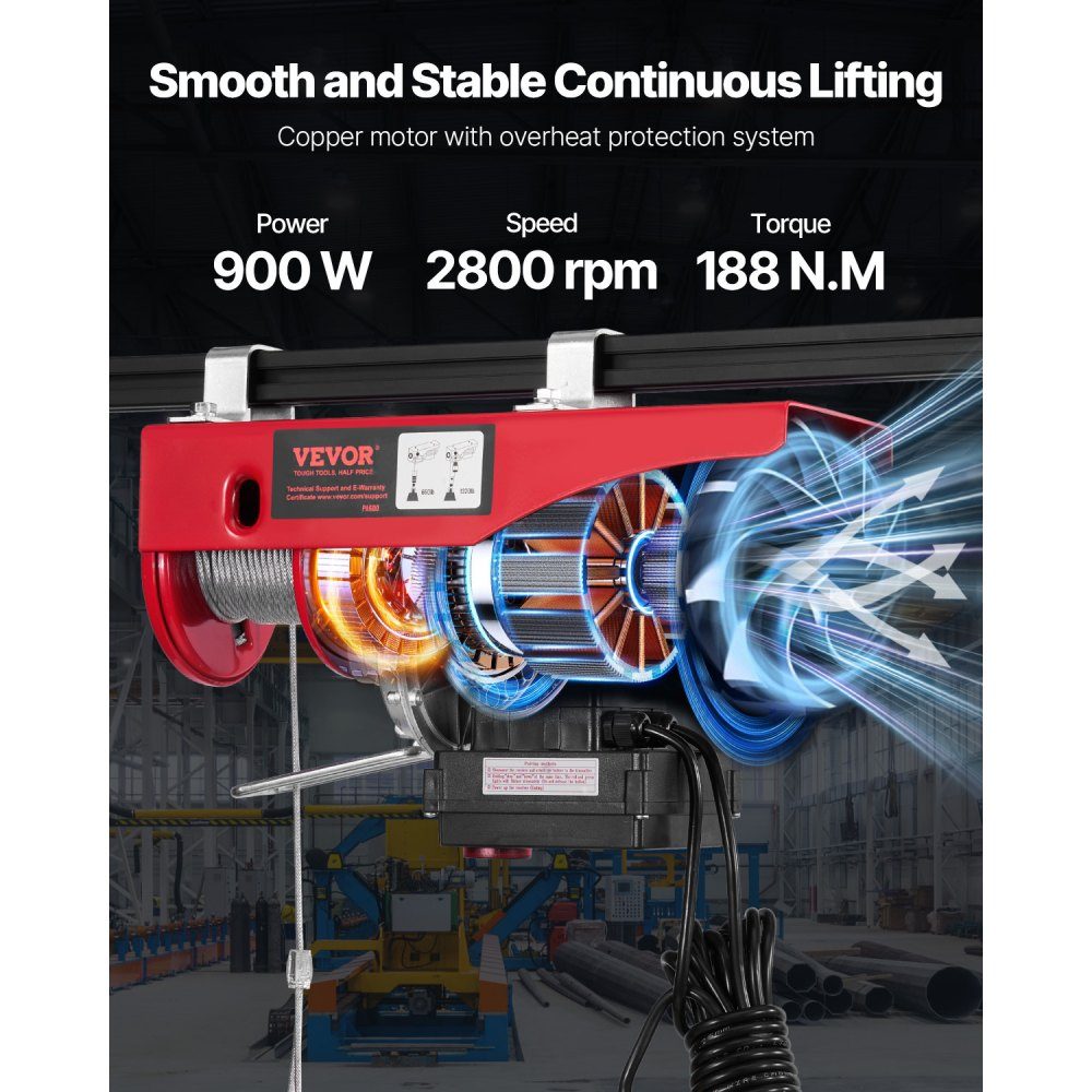 Elektrische lier 600kg motorlier met 100m draadloze en 4,2 bedrade afstandsbediening 12m hefhoogte met enkele kabel Enkele / dubbele stroppen Takel voor garage magazijnfabriek