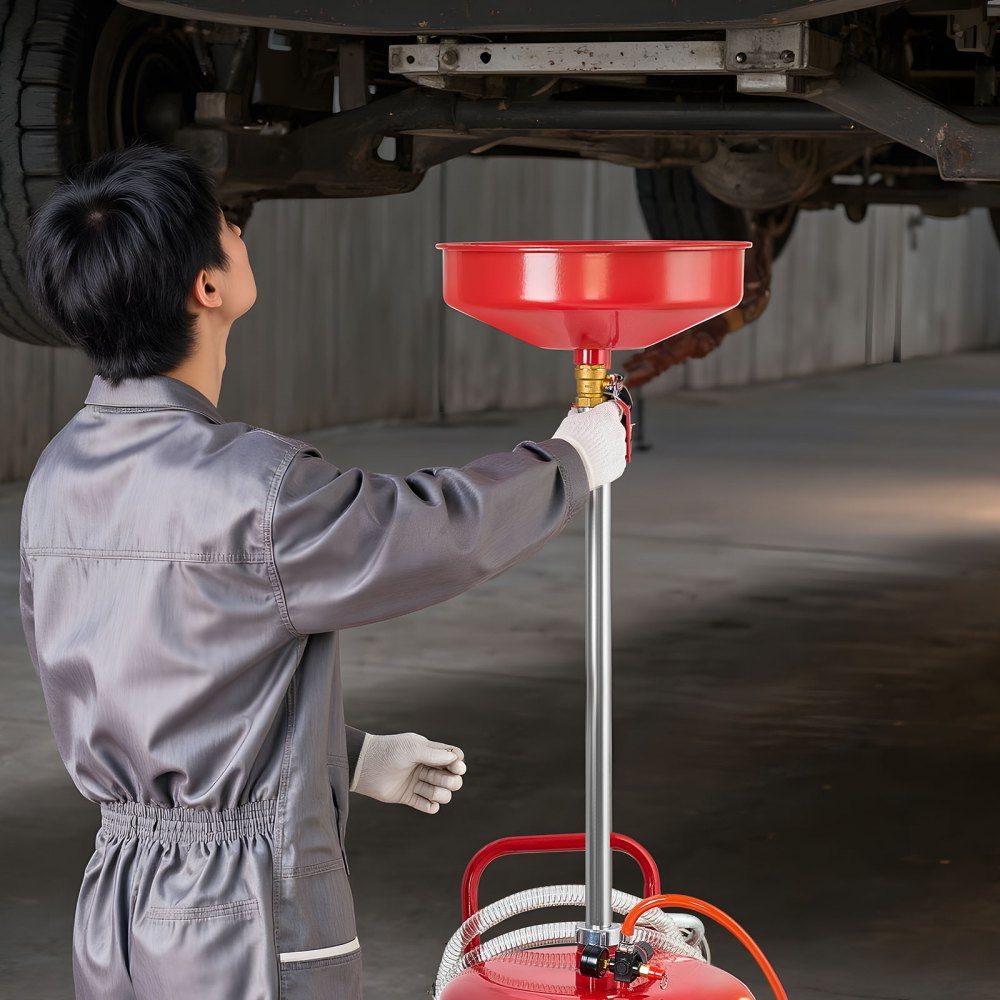 Oil Catch Cart 9 5L, Oil Catch Container with Adjustable Funnel Height, Oil Catch Cart with Wheels, Liquid Fuel Transfer Drain, Oil Catch Cart for Auto Workshop, Red