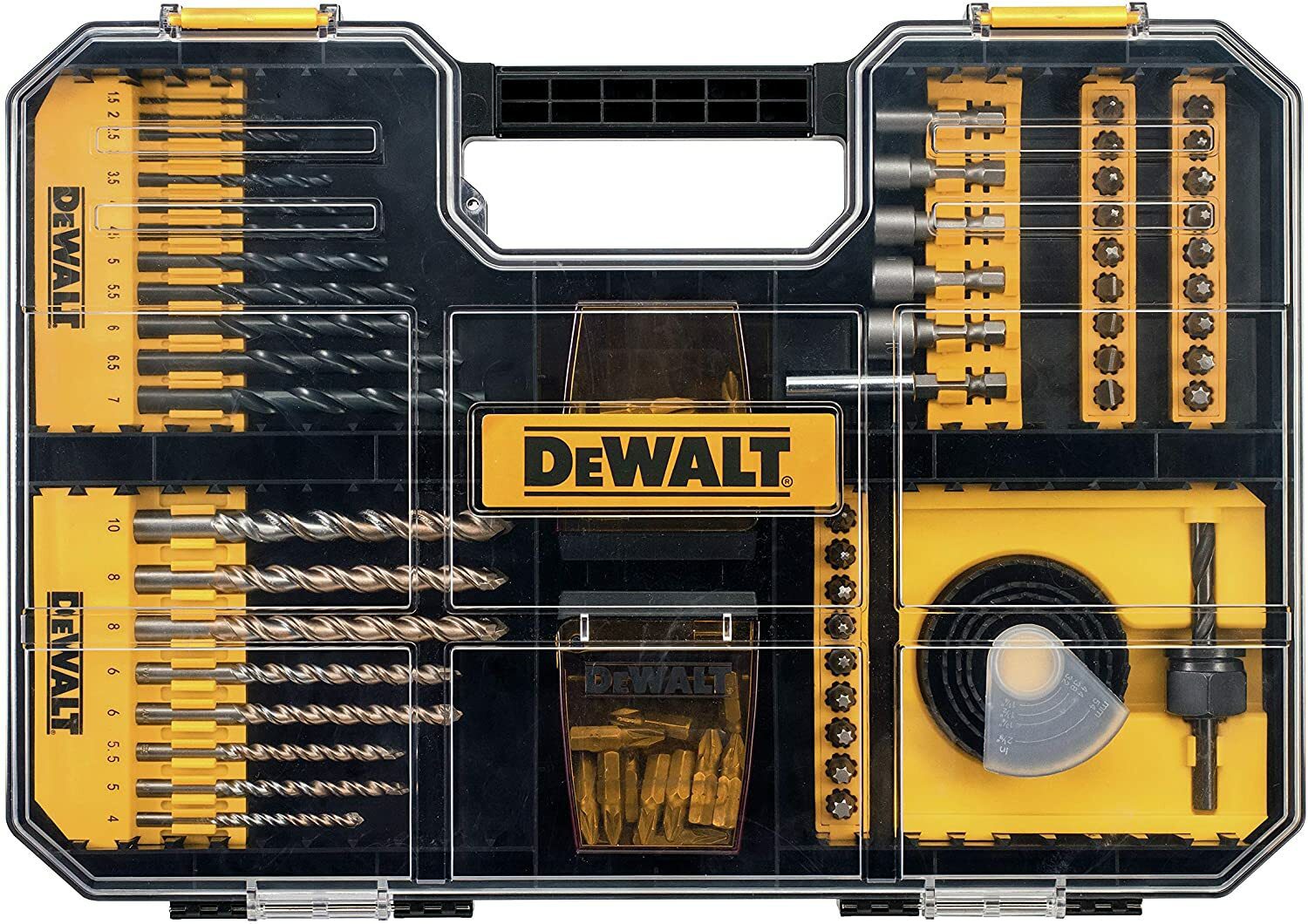 DeWalt Universal-Set/MaxiSet (100-teilig, mit HSS-Metallbohrer, Betonbohrer, Lochsägen, Bits 25 mm, Torx, Phillips, Schlitz, Steckschlüssel und Bithalter, TSTAK kompatibel)
