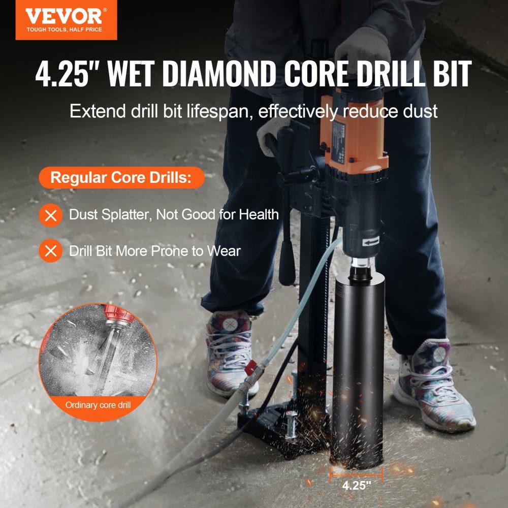Diamond Core Drill, 108mm Wet Diamond Core Drill, 355mm Drilling Depth, Concrete Core Drill with Saw Blade, 1-1/4"-7 Female Thread, Laser Welding, Diamond Wet Core Drill for Concrete Bricks