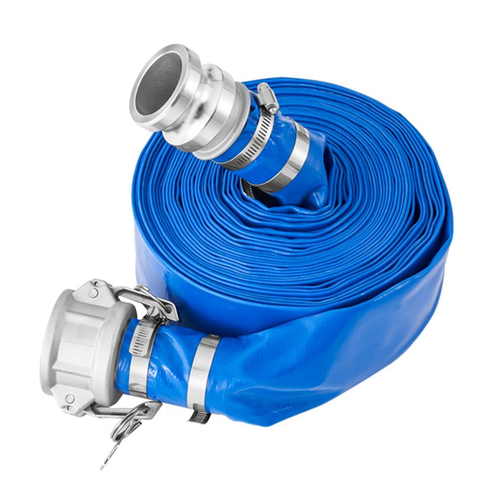 Das Saugschlauch-Set umfasst einen 2" x 50" blauen Rückspülschlauch, einen 20' grünen Saugschlauch und ein Rundloch-Stahlsieb, Camlocks, Klemmen, Nocken- und Nutadapter für verschiedene Zwecke