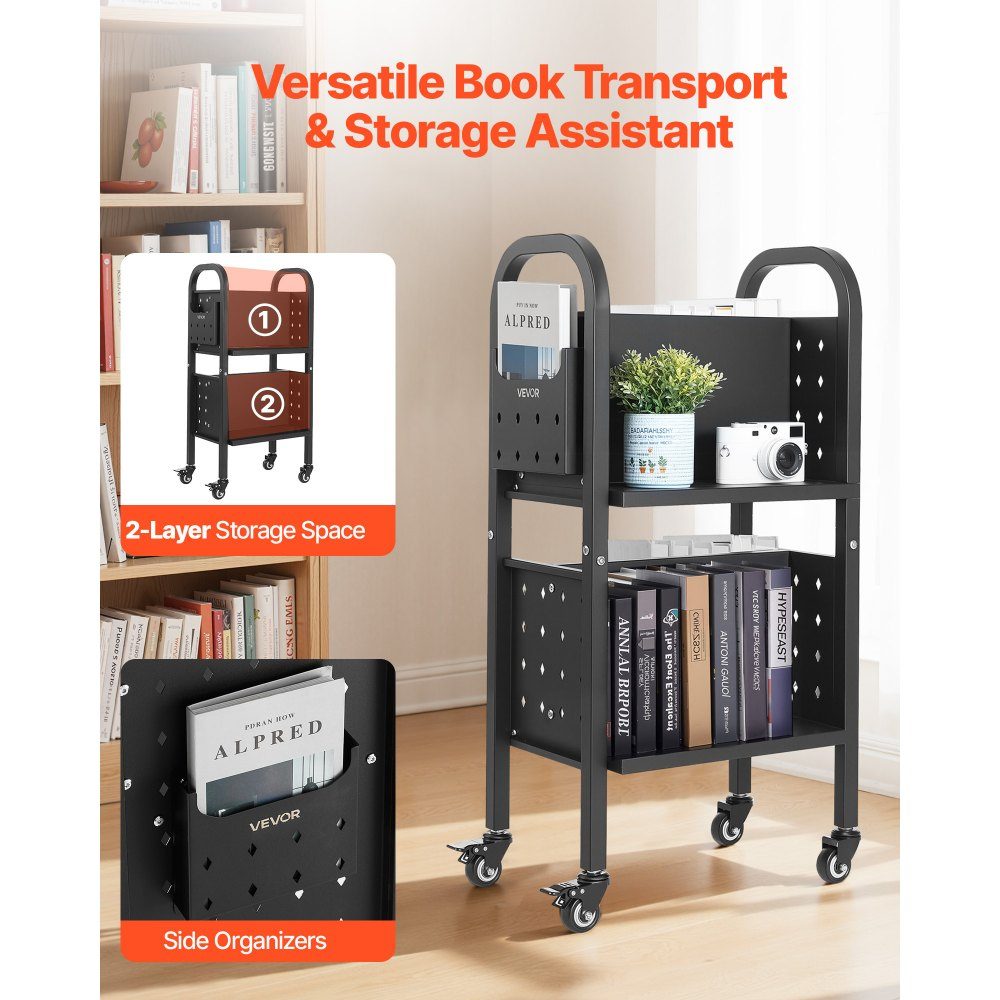 Wózek na książki 70 kg Nośność Wózek biblioteczny 45 x 33 x 88 cm Dwustronny regał w kształcie litery L z podwójnymi kółkami hamulcowymi Wózek na książki do salonu Biuro Szkoła Czarny