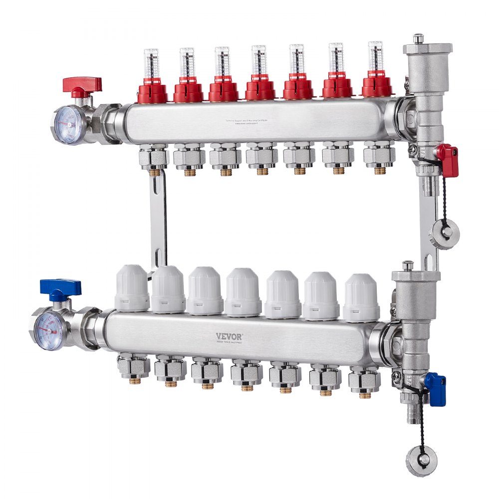 7 Branch Heat Distribution Manifold, 1/2" PEX Pipe Manifold, Stainless Steel PEX Manifold for Hydronic Underfloor Heating, Heat Distribution PEX Manifold Kit with 1/2" Adapters Included