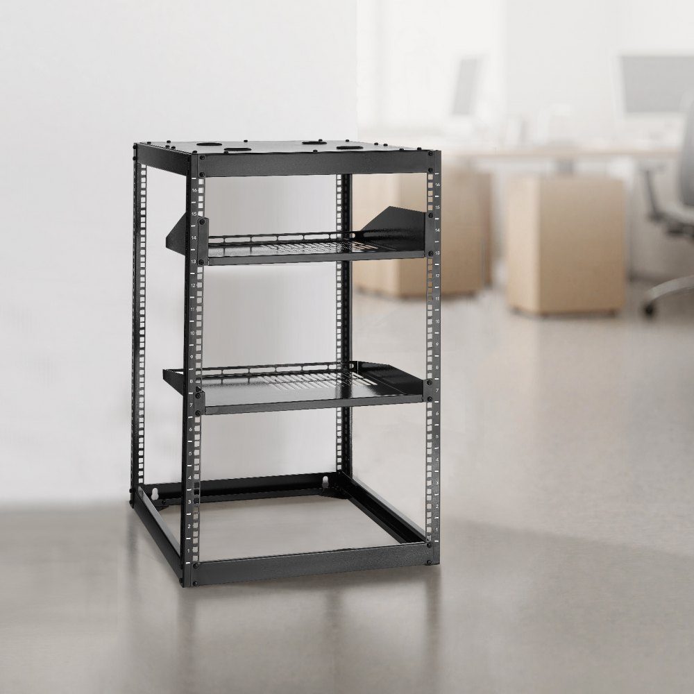 16U-Netzwerk-Rack mit offenem Rahmen, 585 mm Tiefe, Wandmontage- oder Stand-Server-Rack, 4-Pfosten-Rack mit belüfteten Regalen und Montagezubehör, für Netzwerk-IT-Geräte und AV-Geräte