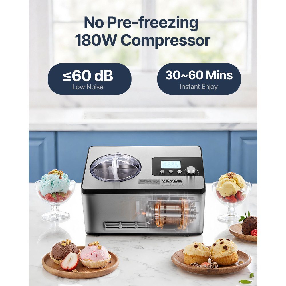 Compressor Ice Cream Machine Ice Cream Machine 2L, 180W Frozen Yoghurt Maker Ice Cream Machine 3 Modes Yoghurt Machine Household Portable Ice Cream Machine Sorbet Gelato Low Noise Silver Electric