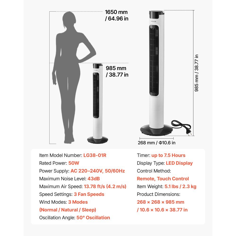 50W Tower Fan, 985mm Column Fan with 3 Speeds, 3 Modes, 7.5 Hour Timer, Max 4.2m/s, 50° Oscillating Fan with Remote Control, Quiet Pedestal Fan for Bedroom, White