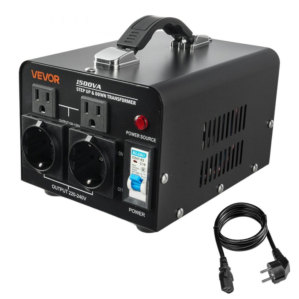 Voltage Converter Transformer, 1500VA step-up/step-down power transformer, 110V to 220V and 220V to 110V conversion, with US and EU sockets, power cord, circuit breaker