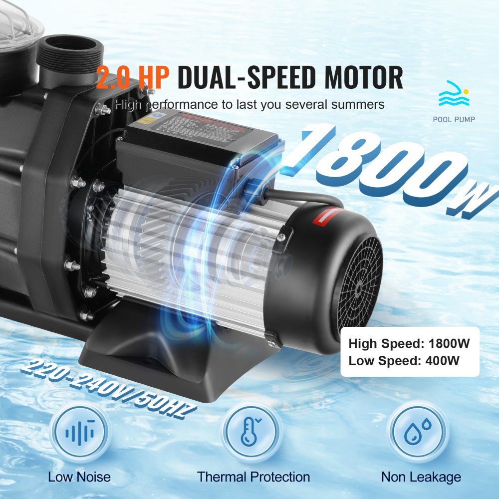 Pompe de Piscine Hors Sol 2HP, 220V-240V, 1450/2860RPM, Pompe Double Vitesse, 1800W, Débit Maximum 33000L/H, Pompe Puissante, Pompe de Piscine à Économie d'énergie pour Piscines Hors Sol, Certification CE