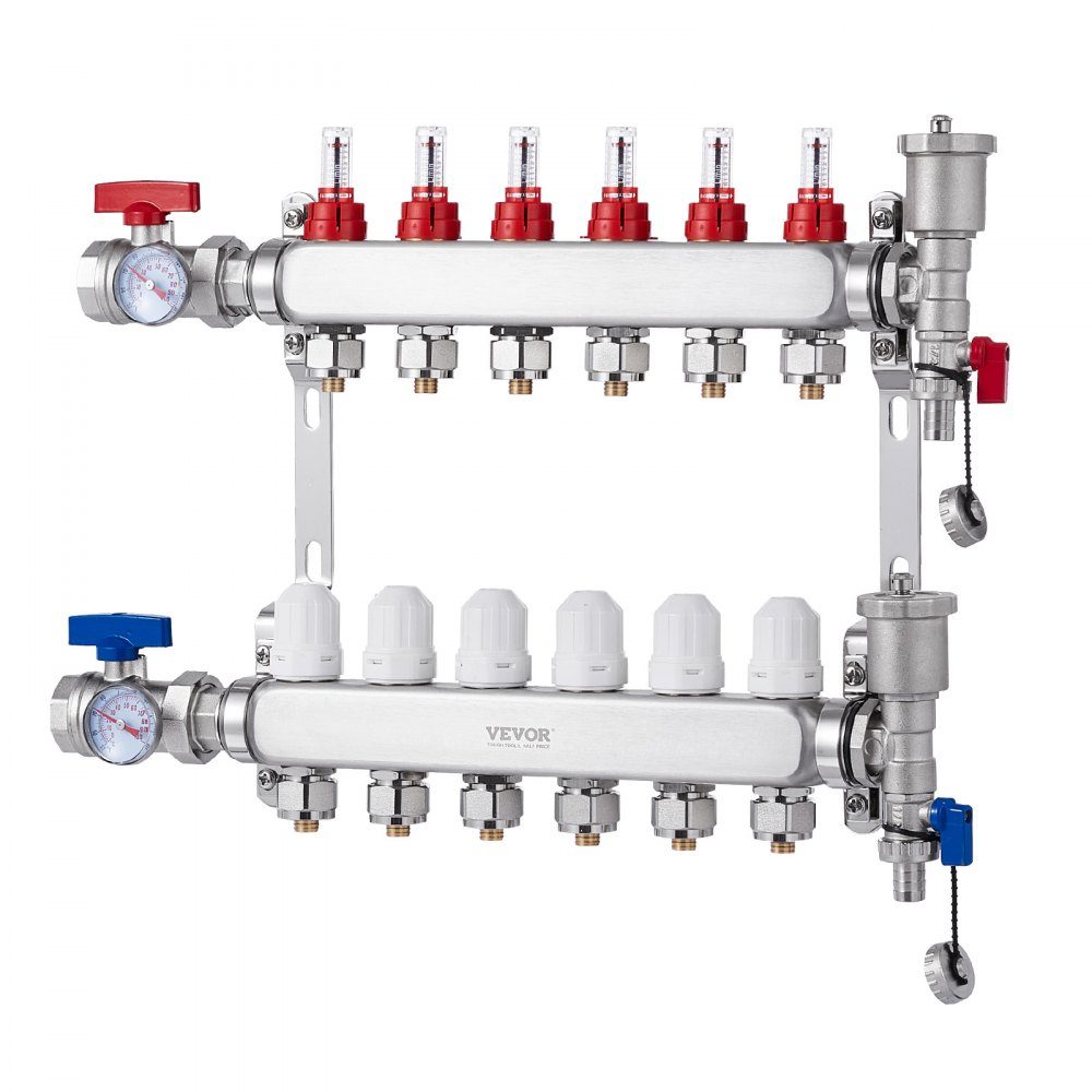 Wärmeverteiler mit 6 Zweigen, 1/2-Zoll-PEX-Rohrverteiler, PEX-Verteiler aus Edelstahl für hydronische Fußbodenheizung, Wärmeverteilungs-PEX-Verteiler-Kit mit 1/2-Zoll-Adaptern im Lieferumfang enthalten