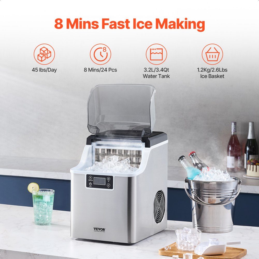Eiswürfelbereiter, Eismaschine, Eiswürfelmaschine, 24 Würfel in 15 Minuten, 20,4 kg/24 Stunden, tragbarer Eiswürfelbereiter mit Schaufel und Korb, Eismaschine mit 3 Größen für Küche, Bar, Party