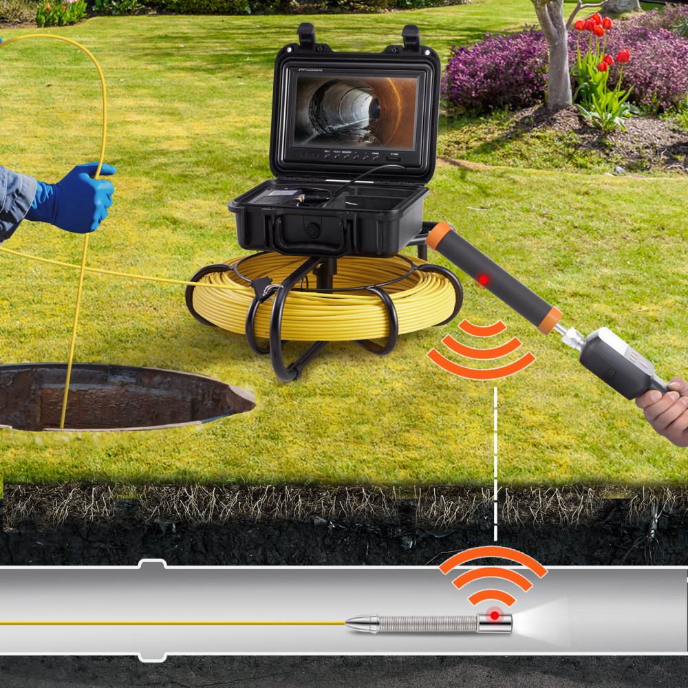 Sewer Camera with 512Hz Locating, 91.5m, 23cm Pipe Inspection Camera with DVR Function, IP68 Camera with 12 Adjustable LEDs, a 16GB SD Card for Sewer Pipe, House, Sewer, Drain Pipe Sewer Camera with 512Hz Locating, 91.5m, 23cm Pipe Inspection Camera with DVR Function, IP68 Camera with 12 Adjustable LEDs, a 16GB SD Card for Sewer Pipe, House, Sewer, Drain Pipe