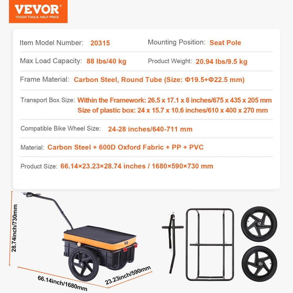 Remorque de vélo, capacité de charge de 40 kg, remorque de transport, pliable et compacte, avec housse d'attelage universelle étanche, roues de 16", convient aux roues de vélo de 25 à 28".
