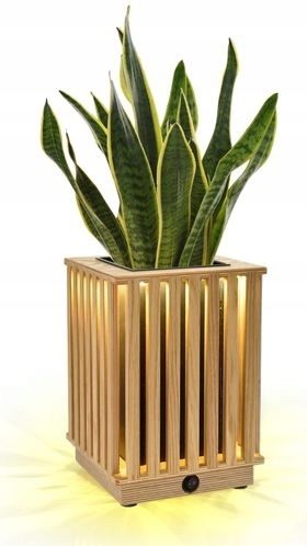 Pot de fleurs fait main en lattes de chêne carré 2en1 éclairage LED 28cm