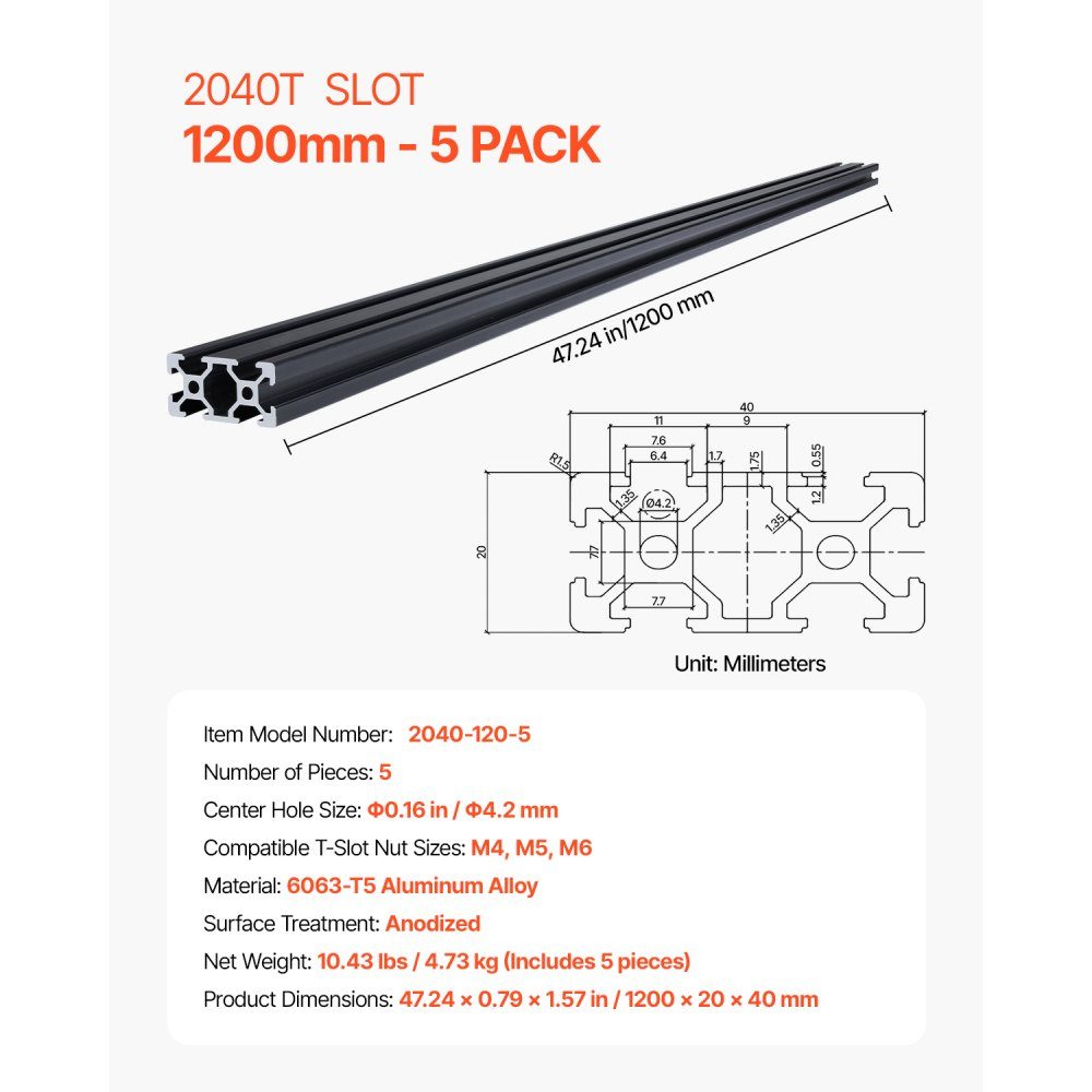 5pcs Aluminum Profile 1200mm T-Slot 2040 Aluminum Extruded Profile European Standard Anodized Linear Rail Groove Profile for 3D Printer CNC Machine DIY Laser Engraving Black
