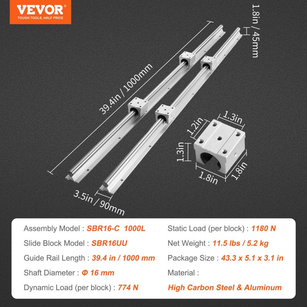 Linearführung Linearschiene 2 Stück SBR16-1000 mm Kohlenstoffstahl Aluminium Führungsschiene mit 4 Stück SBR16UU Gleitblöcke Linearlager Lagerblock CNC-Teile für 3D-Drucker Fräs-/Drehmaschine