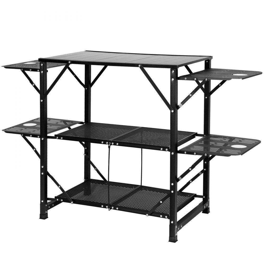 Camping-Küchentisch aus Aluminium, faltbar, tragbare Outdoor-Kochstation mit 4 Eisenseiten, 2 Ablagen und Tragetasche, schnelle Installation für Picknick, Grillen, Strand, Reisen usw