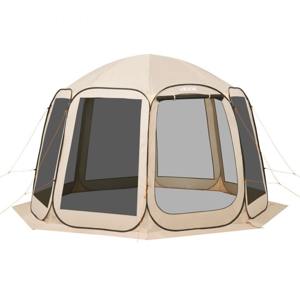 Pop Up Tent 144" x 134" Portable Camping Tent for 10-12 People with Net, Carry Bag, Side Walls and Pegs for Garden, Patio and Outdoor Activities, Beige