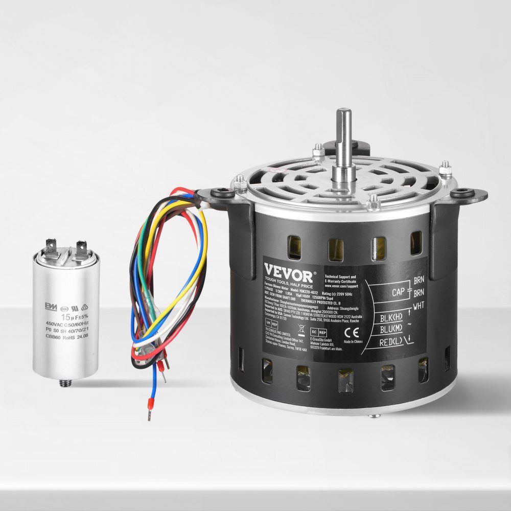 1/3 HP blower motor, 220V, 1.95A, 1250RPM, 3 speeds (750/950-1250RPM), 10mm shaft diameter, 20mm shaft RED clockwise from shaft end, including CBB60 15μF/450V capacitor