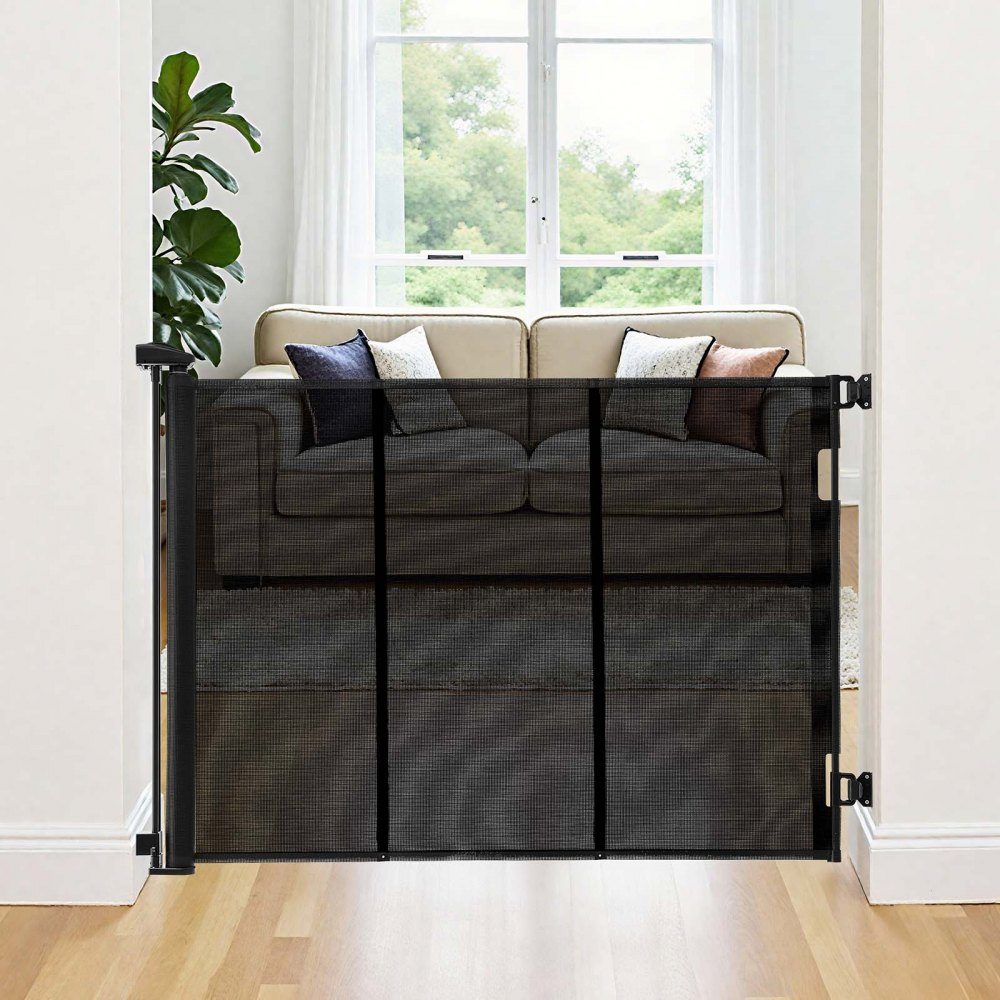 Extendable Baby Gate, Dog Gate, Extendable to 415cm Width / 99cm Height, Pet Gate with Reinforced Fiberglass Strips, Mesh Guard for Patio, Garage, Black