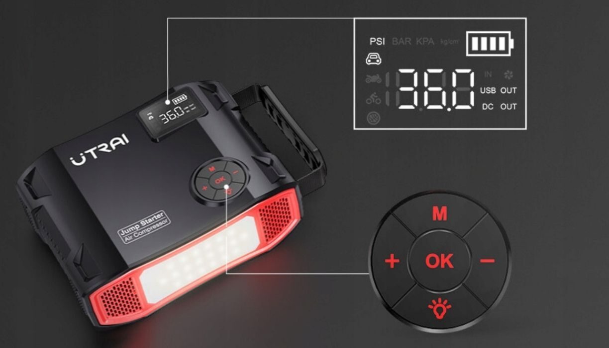 Utrai Autoreifenfüller, 2000 A Spitzenleistung, 24000 mAh, tragbares Überbrückungskabel (bis zu 8 l Benzin oder 6,5 l Dieselmotor), Handy-Ladegerät mit Dual-Digital-Display, LED-Taschenlampe Modell 2024