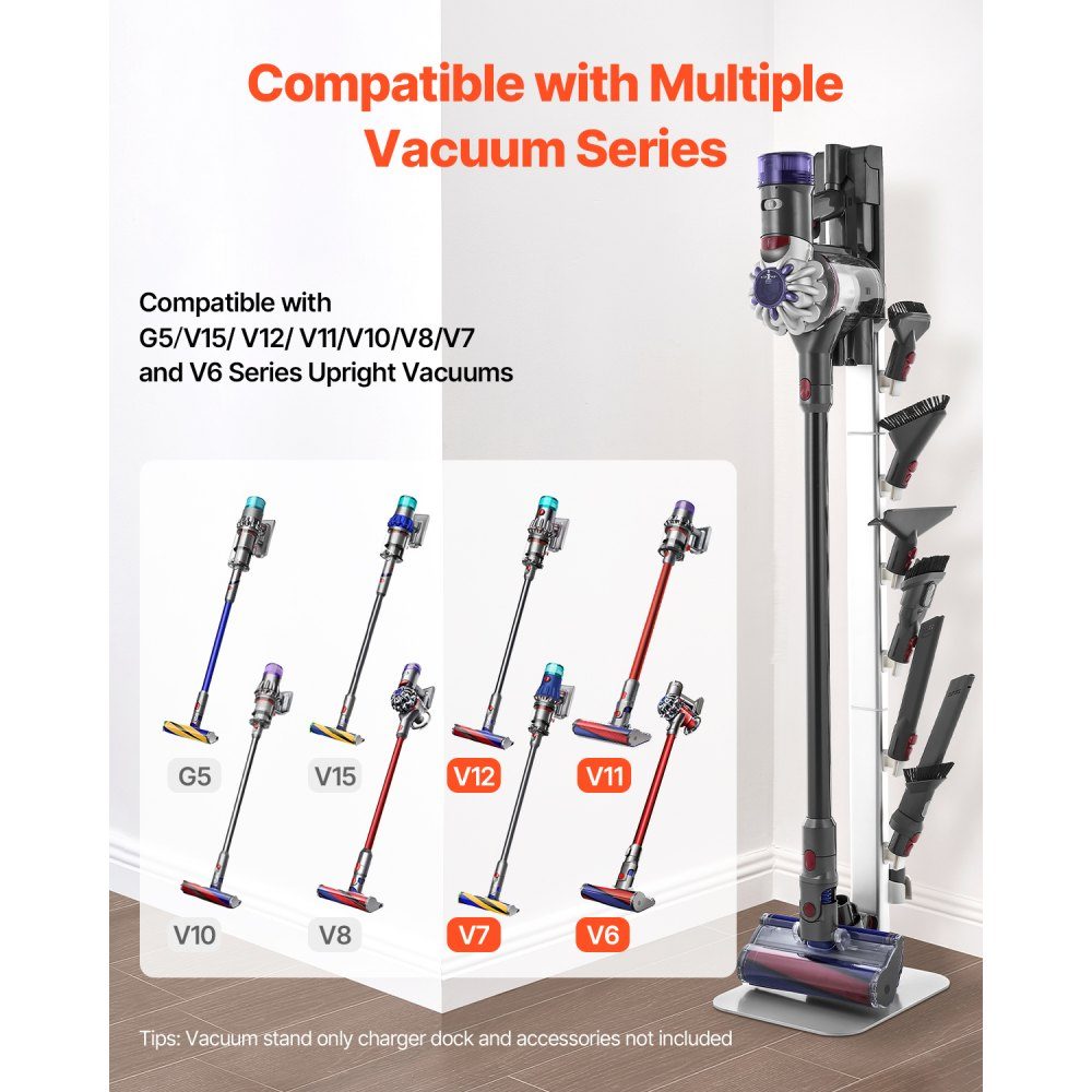 Support d'aspirateur 126 cm compatible avec les aspirateurs verticaux et accessoires Dyson G5 V15 V12 V11 V10 V8 V7 V6 Series Support de sol avec 6 crochets et patins antidérapants Argenté