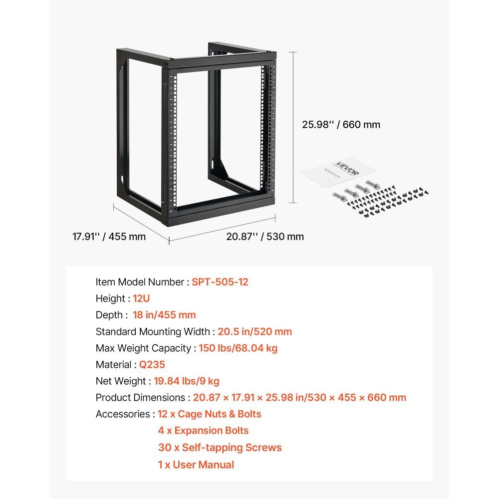12U Wall Mount Server Rack 150 Pound Maximum Load Capacity Open Frame Network Rack und 180-Grad-Swivel Door Carbon Steel for 19" IT Network Equipment and AV Equipment Computer Server Black